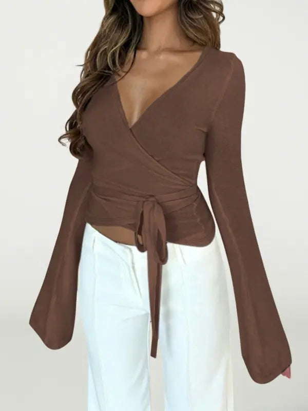 Elegantes Damen V Ausschnitt Wickel T Shirt mit langen Ärmeln für Herbst