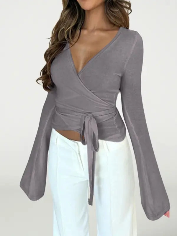 Elegantes Damen V Ausschnitt Wickel T Shirt mit langen Ärmeln für Herbst