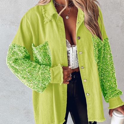 NENITA™ - Schicke Oversized Pailletten Saum Kragen Button-Down Jacke