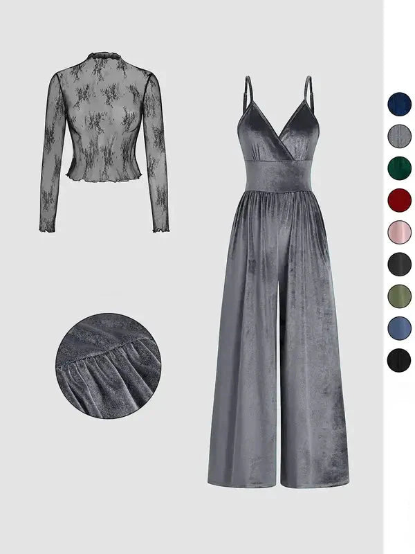 Einfarbiges Spitzen-T-Shirt & Latzanzug-Set für Frühling & Herbst