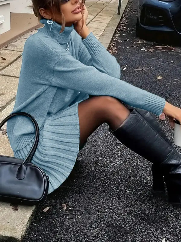 Damen Fashion Strick Set mit elegantem hochgeschlossenem Pullover und Minirock