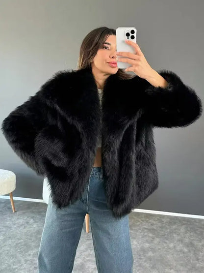 Eleganter Fuzzy-Mantel Mit Langen Ärmeln und Kragen