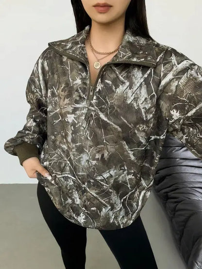 Damen Freizeit Cord Sweatshirt mit Leopardenmuster und Reißverschluss, Langarm für den Herbst