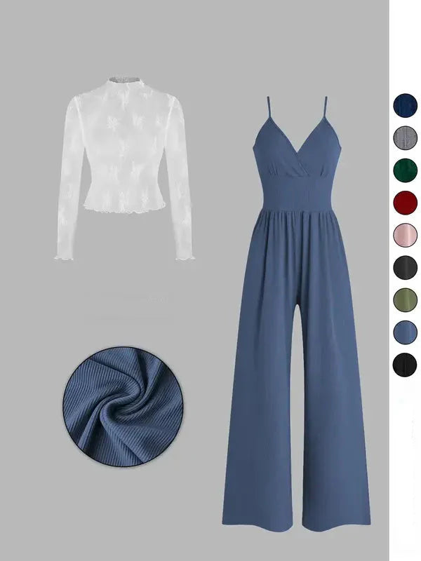 Einfarbiges Spitzen-T-Shirt & Latzanzug-Set für Frühling & Herbst