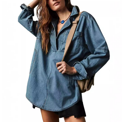 NALINAE™ – Schicke V-Ausschnitt Denim Tunika-Bluse