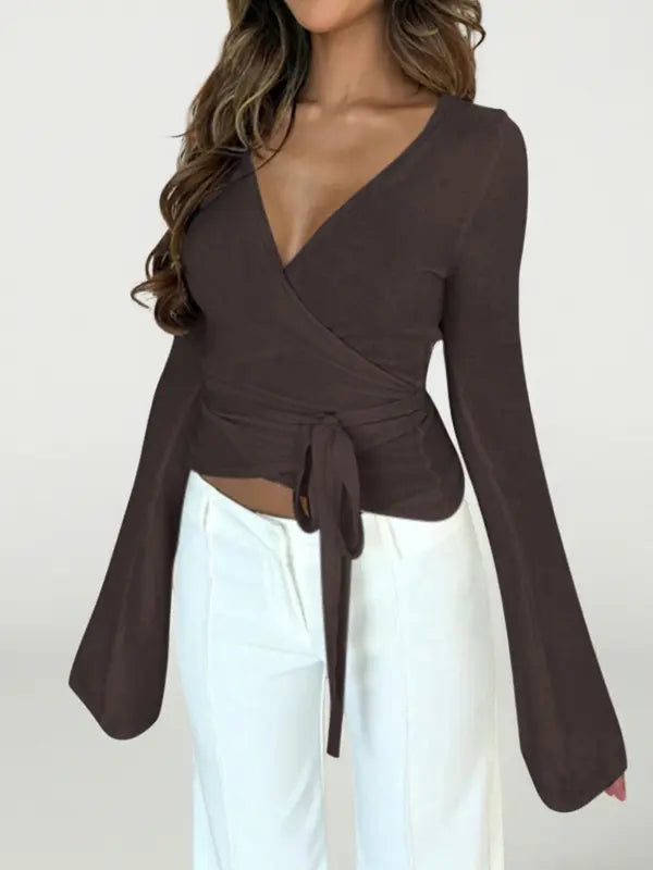 Elegantes Damen V Ausschnitt Wickel T Shirt mit langen Ärmeln für Herbst