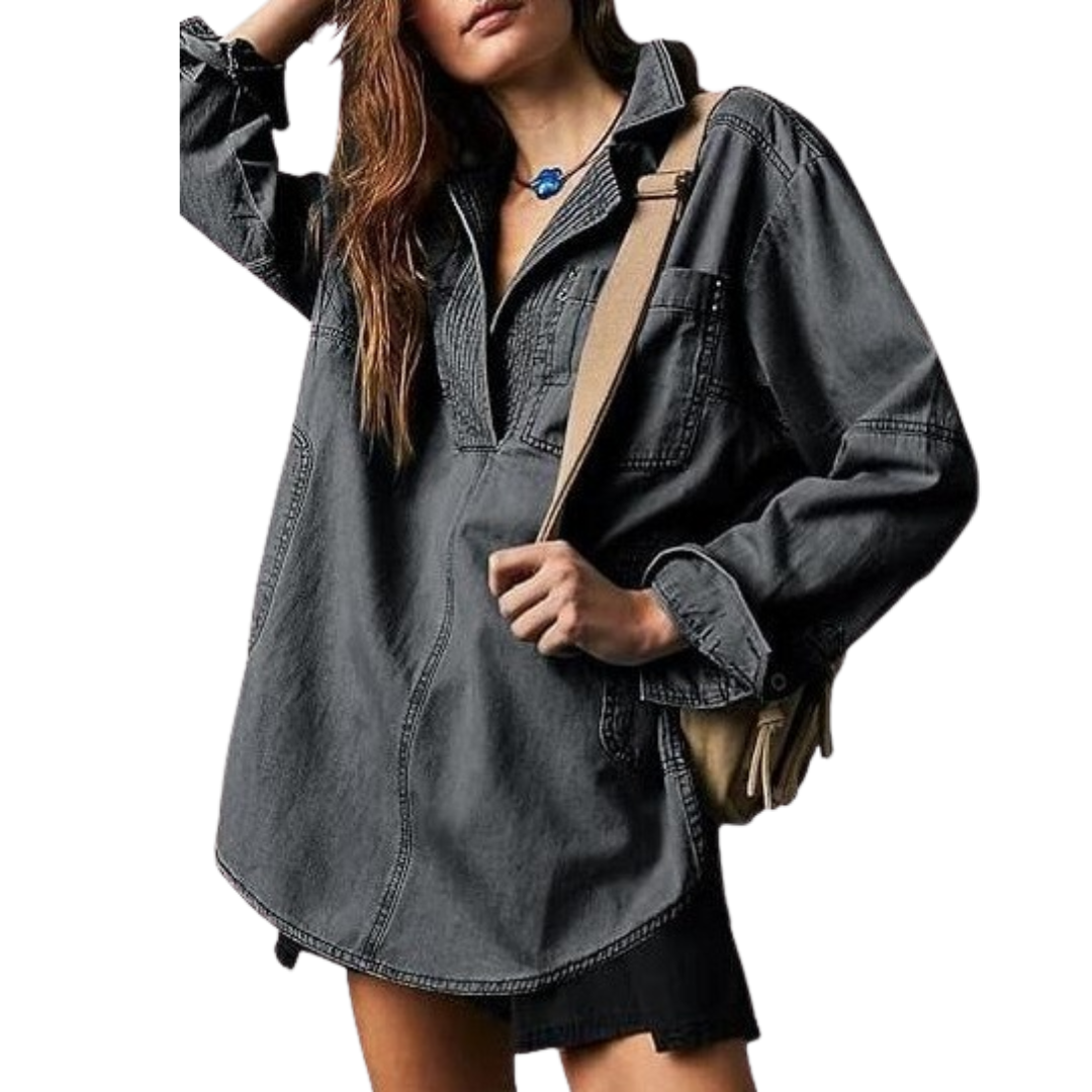 NALINAE™ – Schicke V-Ausschnitt Denim Tunika-Bluse