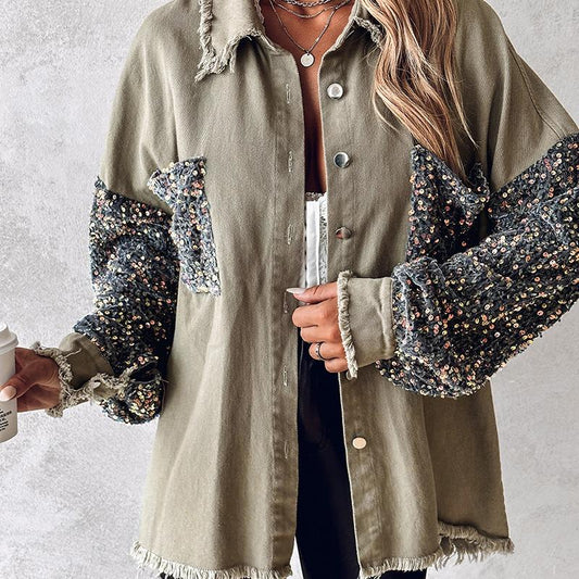 NENITA™ - Schicke Oversized Pailletten Saum Kragen Button-Down Jacke