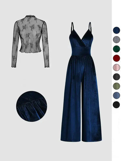 Einfarbiges Spitzen-T-Shirt & Latzanzug-Set für Frühling & Herbst