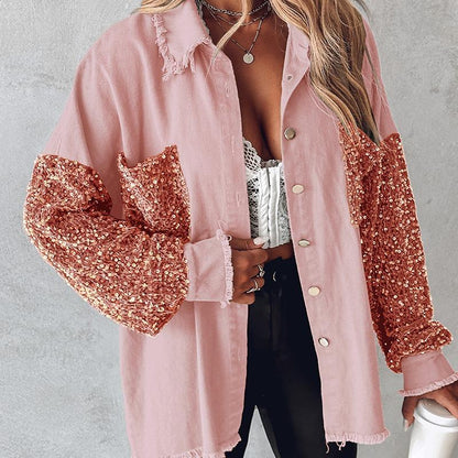 NENITA™ - Schicke Oversized Pailletten Saum Kragen Button-Down Jacke