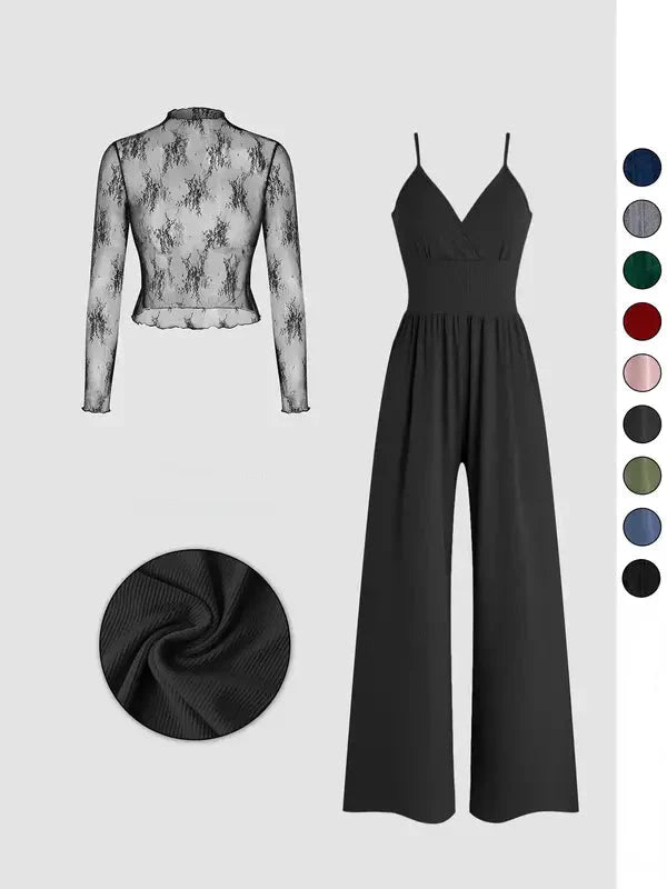 Einfarbiges Spitzen-T-Shirt & Latzanzug-Set für Frühling & Herbst