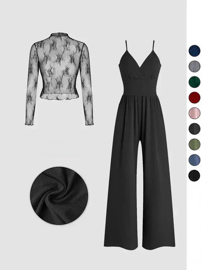 Einfarbiges Spitzen-T-Shirt & Latzanzug-Set für Frühling & Herbst