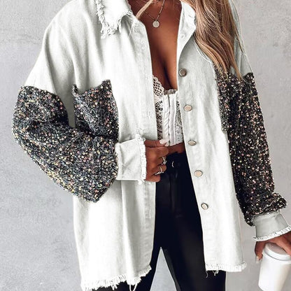 NENITA™ - Schicke Oversized Pailletten Saum Kragen Button-Down Jacke