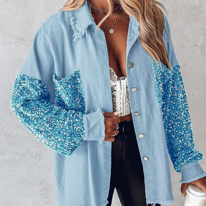 NENITA™ - Schicke Oversized Pailletten Saum Kragen Button-Down Jacke