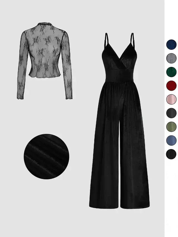 Einfarbiges Spitzen-T-Shirt & Latzanzug-Set für Frühling & Herbst