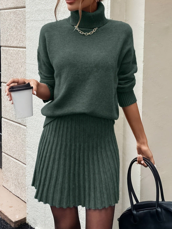 Damen Fashion Strick Set mit elegantem hochgeschlossenem Pullover und Minirock