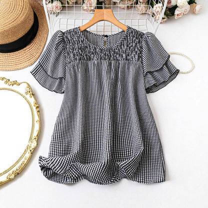 KRISTEL™ – Vintage Fließende Karierte Puffärmelbluse