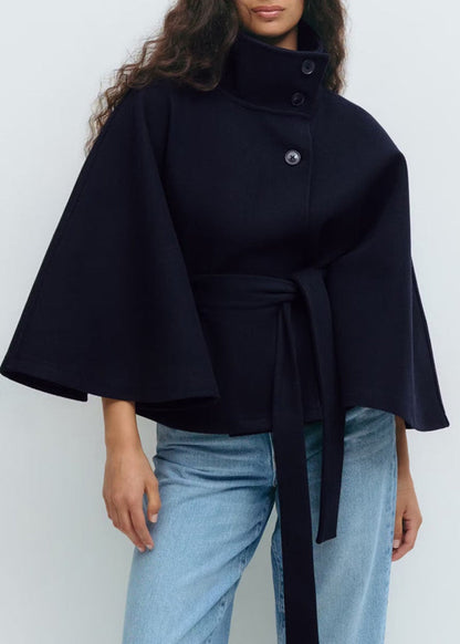 Einfarbiger Frontverschluss Gürtel Wollcape Mantel, Lässige Herbst- & Winterjacke