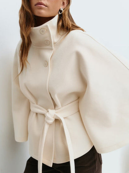 Einfarbiger Frontverschluss Gürtel Wollcape Mantel, Lässige Herbst- & Winterjacke