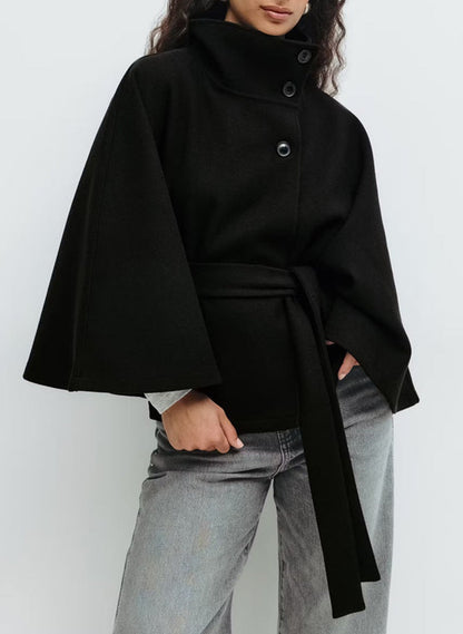 Einfarbiger Frontverschluss Gürtel Wollcape Mantel, Lässige Herbst- & Winterjacke