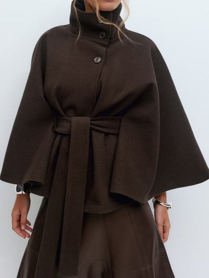 Einfarbiger Frontverschluss Gürtel Wollcape Mantel, Lässige Herbst- & Winterjacke
