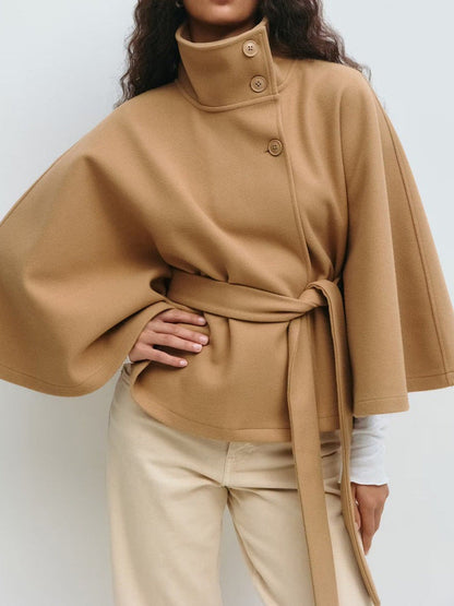 Einfarbiger Frontverschluss Gürtel Wollcape Mantel, Lässige Herbst- & Winterjacke