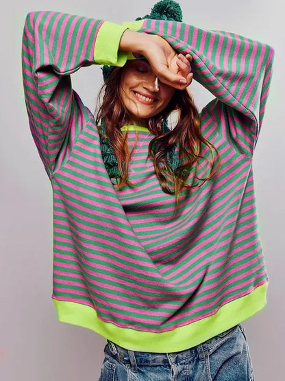 Damen Colorblock Sweatshirt mit Streifen, überschnittenen Schultern und langen Ärmeln