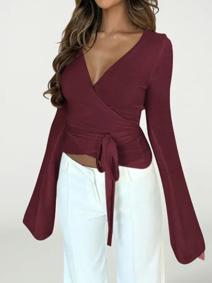 Elegantes Damen V Ausschnitt Wickel T Shirt mit langen Ärmeln für Herbst