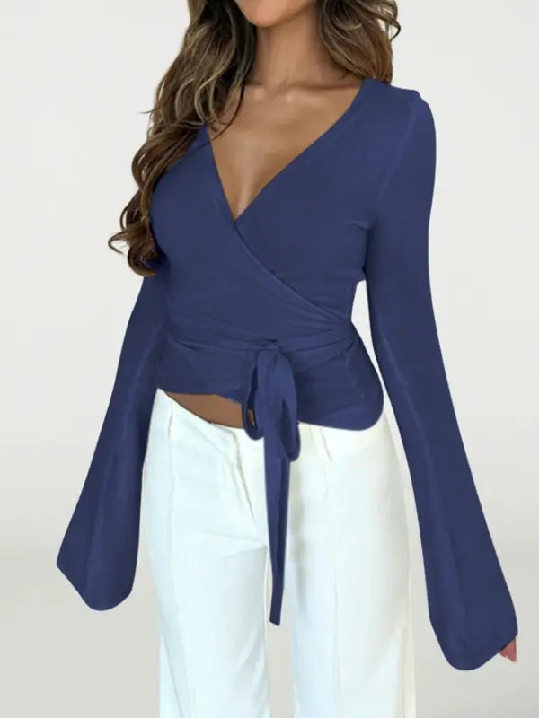 Elegantes Damen V Ausschnitt Wickel T Shirt mit langen Ärmeln für Herbst