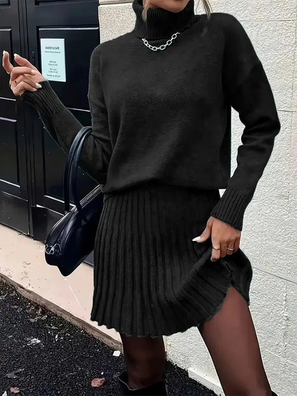 Elegantes Damen Strick Set mit hochgeschlossenem Pullover und Minirock für den Alltag