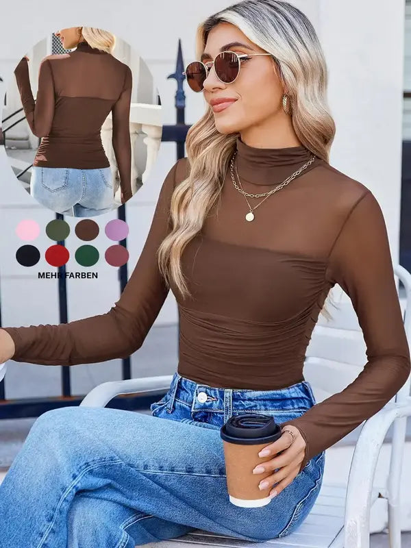 Schlichtes Damen Mesh Oberteil mit langen Ärmeln und hohem Kragen