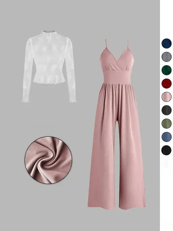 Einfarbiges Spitzen-T-Shirt & Latzanzug-Set für Frühling & Herbst