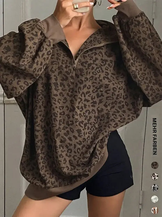 Damen Freizeit Cord Sweatshirt mit Leopardenmuster und Reißverschluss, Langarm für den Herbst