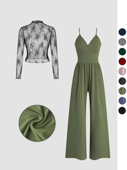 Einfarbiges Spitzen-T-Shirt & Latzanzug-Set für Frühling & Herbst