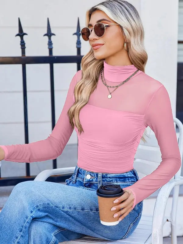 Schlichtes Damen Mesh Oberteil mit langen Ärmeln und hohem Kragen